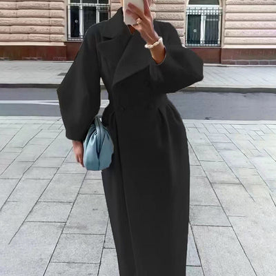 Women's Classic Winter Long Coat, Double-Breasted Belted Trench With Wide Lapel, Solid Color Oversized Overcoat For Casual Style