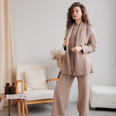 Women's Knitted Sweater And Wide Leg Pants Suit With Same Color Scarf