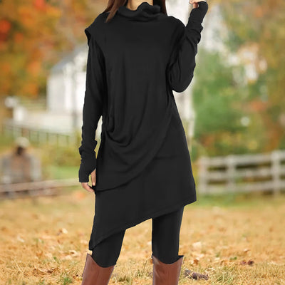 Black High Collar Irregular Fake Two-piece Long-sleeved Dress